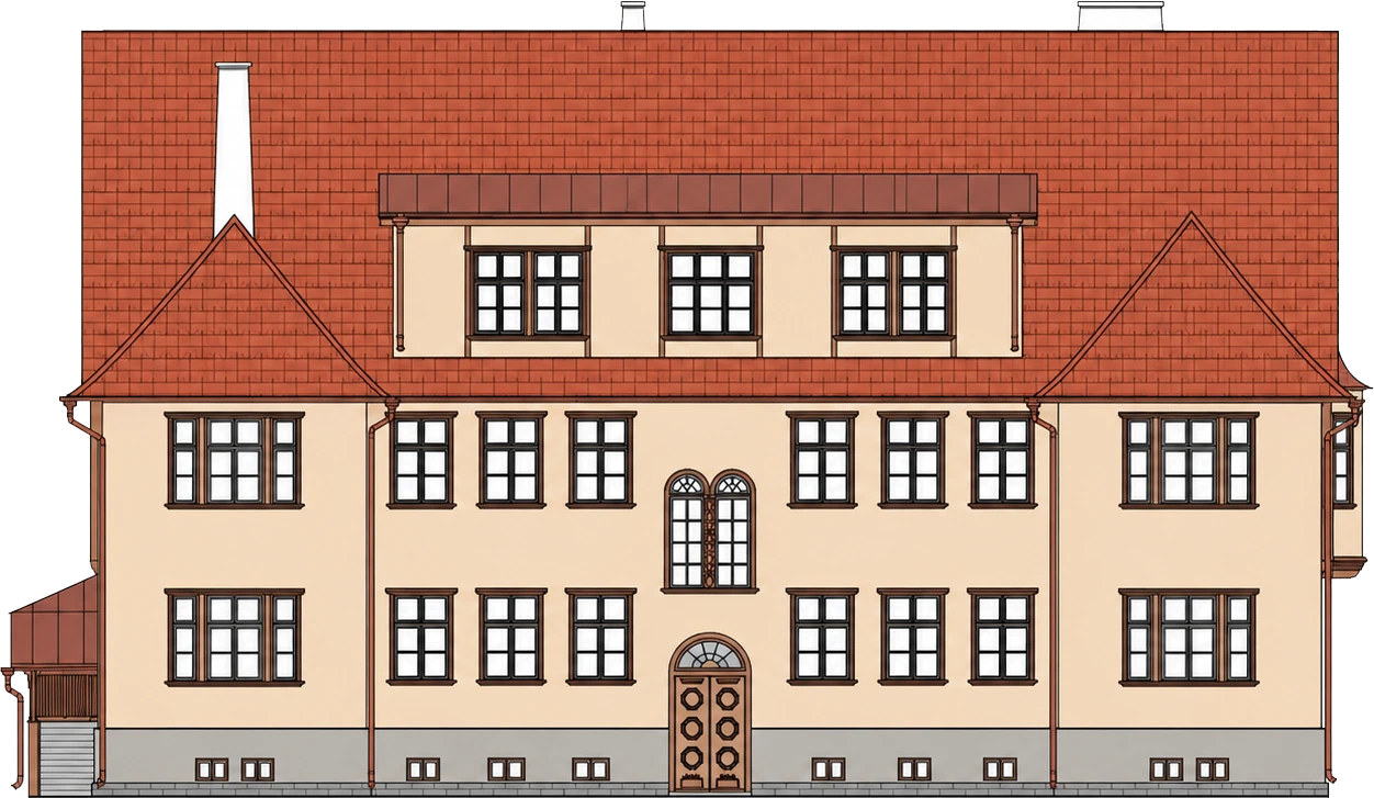 Tööstuse 3a fassaadijoonis — viilkatus, kaks erkerit, kaaruksega sissepääs ja mitmeruudulised aknad